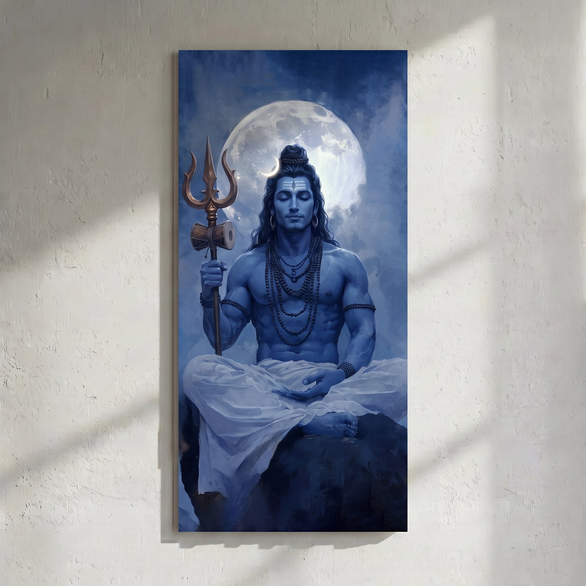 Shiva Meditation Painting Full Moon Trident Blue Art