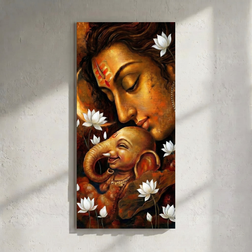Shiva Ganesha Affection Painting Lotus Golden