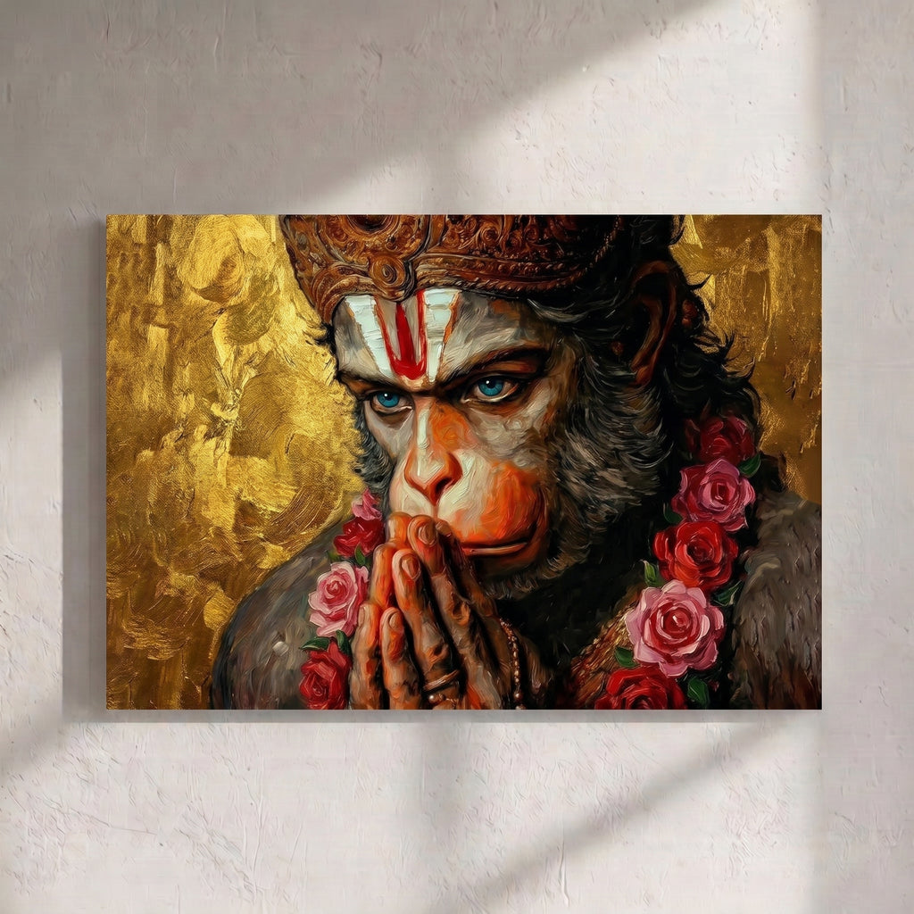 Hanuman Praying Portrait Golden Rose Painting