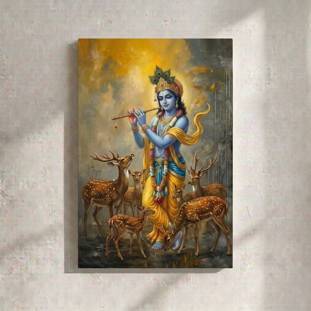 Krishna with Deer Peacock Painting