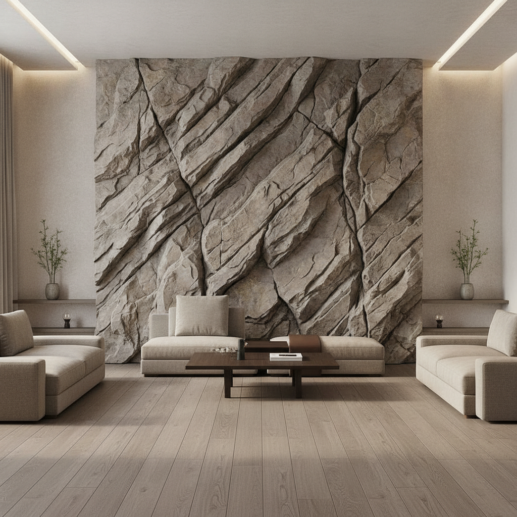 Grey-Beige Fissured Rock 3D Relief Wall Art