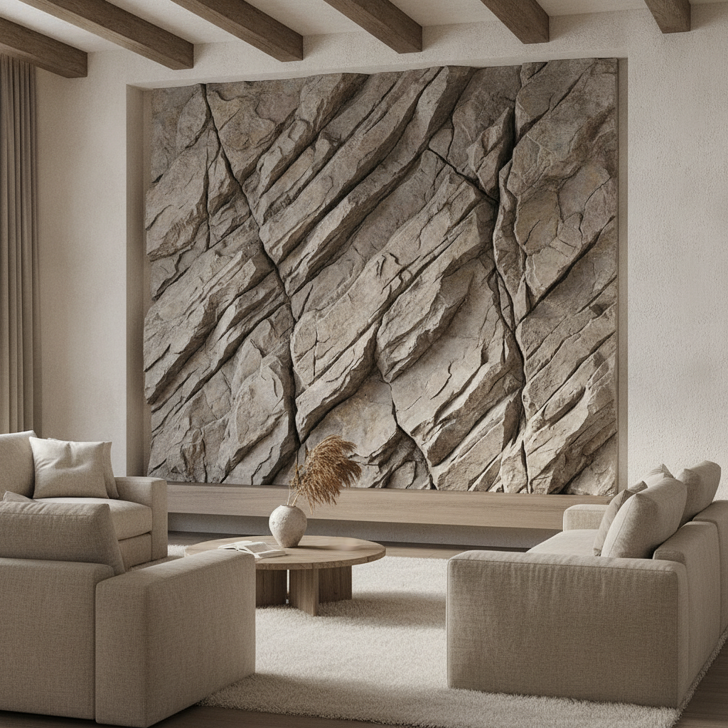 Grey-Beige Fissured Rock 3D Relief Wall Art