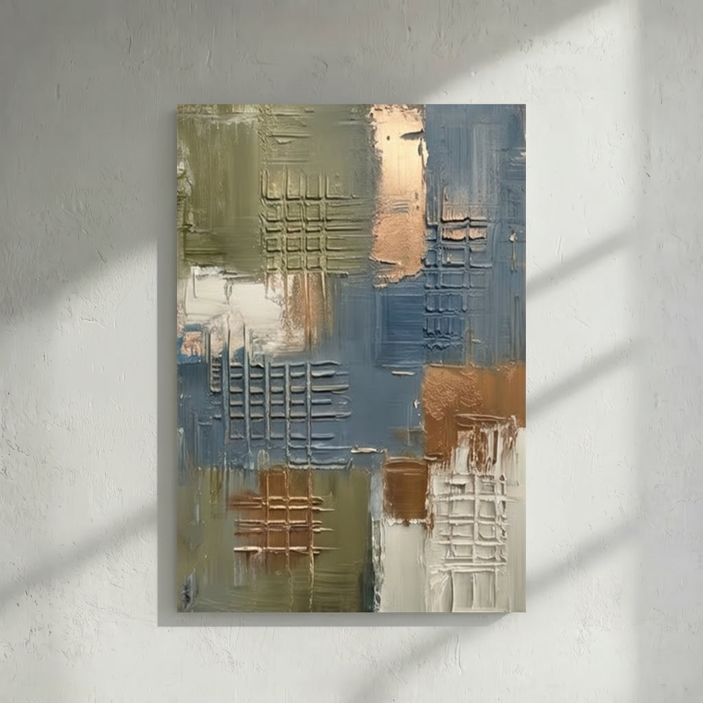 Olive Grey & Copper Textured Grid Abstract Painting