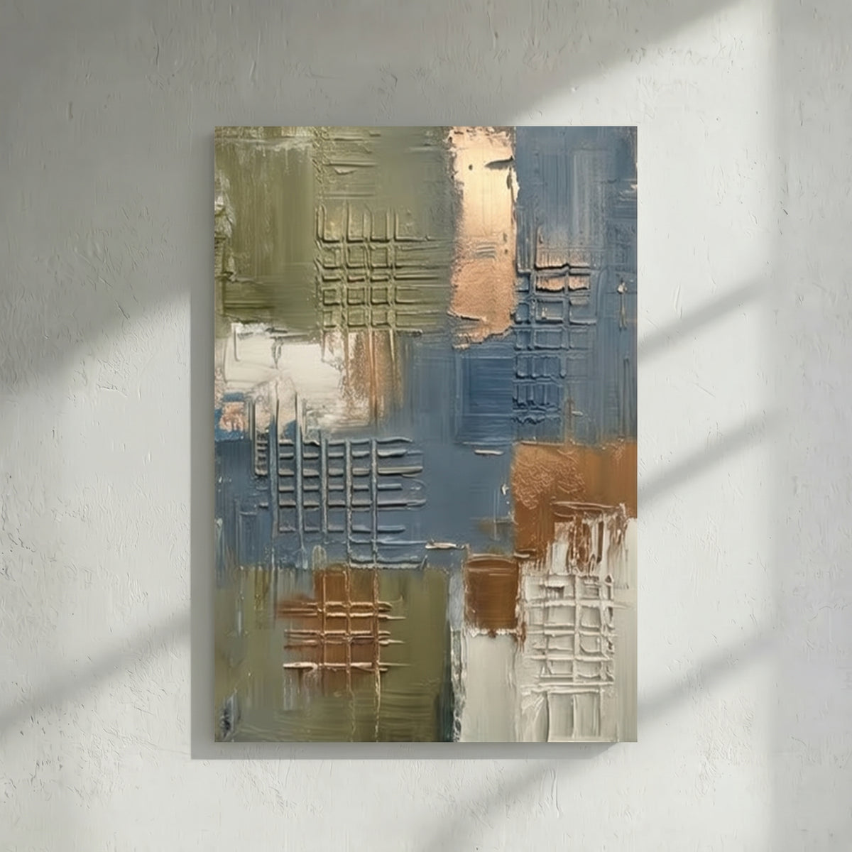 Olive Grey & Copper Textured Grid Abstract Painting