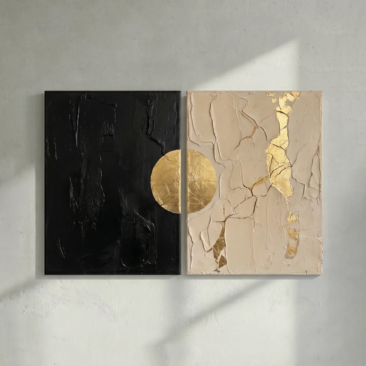 Gold Leaf Black & Beige Diptych Abstract Painting