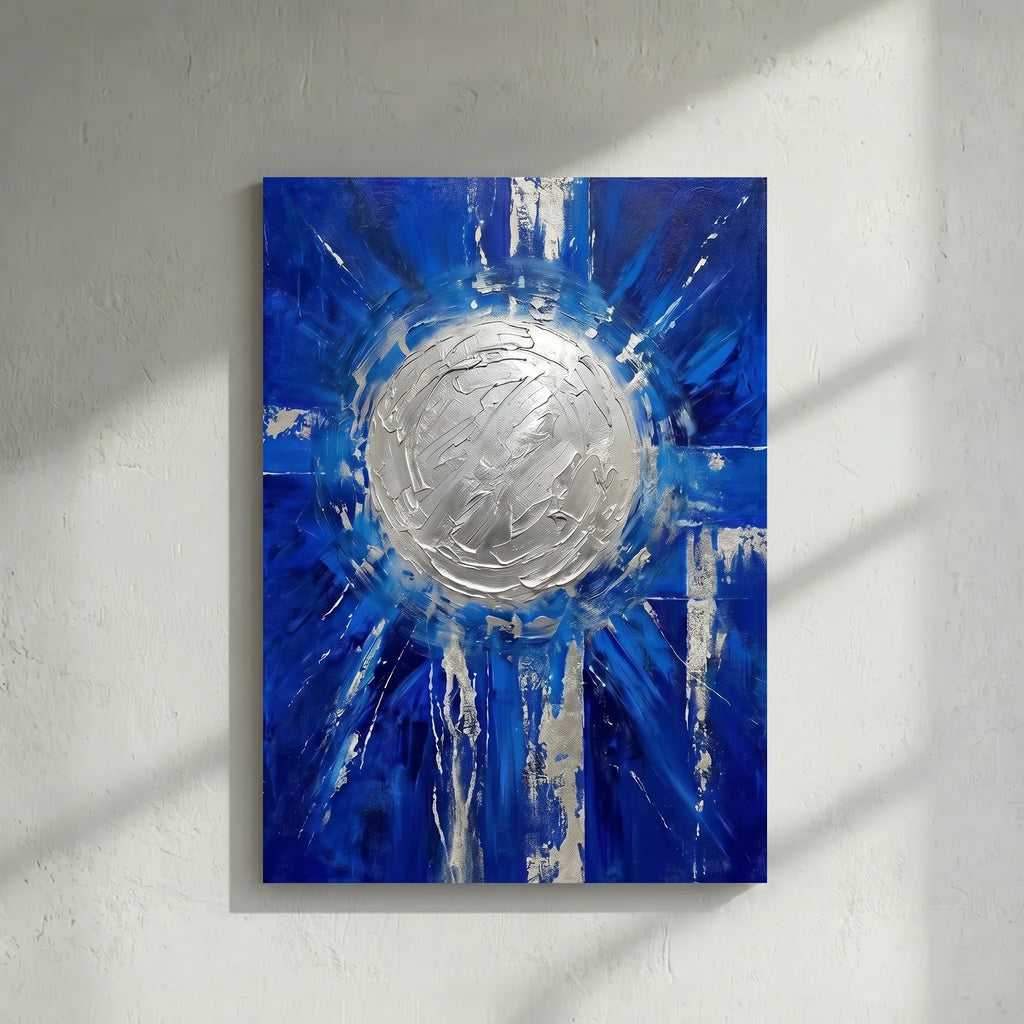 Deep Blue & Silver Radiant Circle Abstract Painting