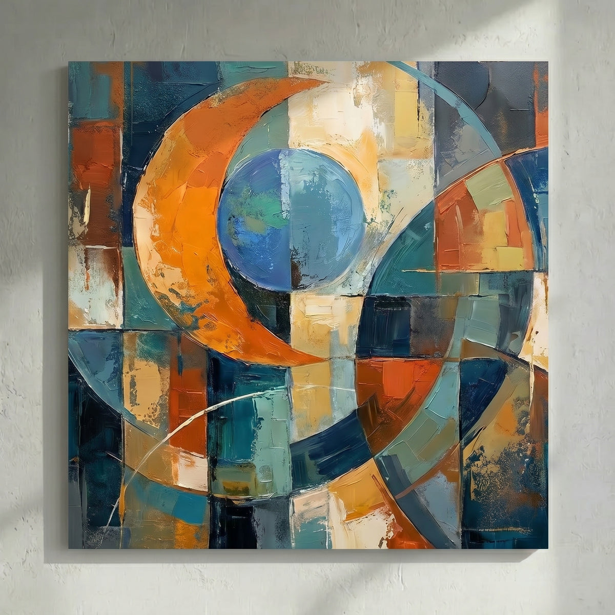 Teal Orange & Blue Cubist Circle Abstract Painting