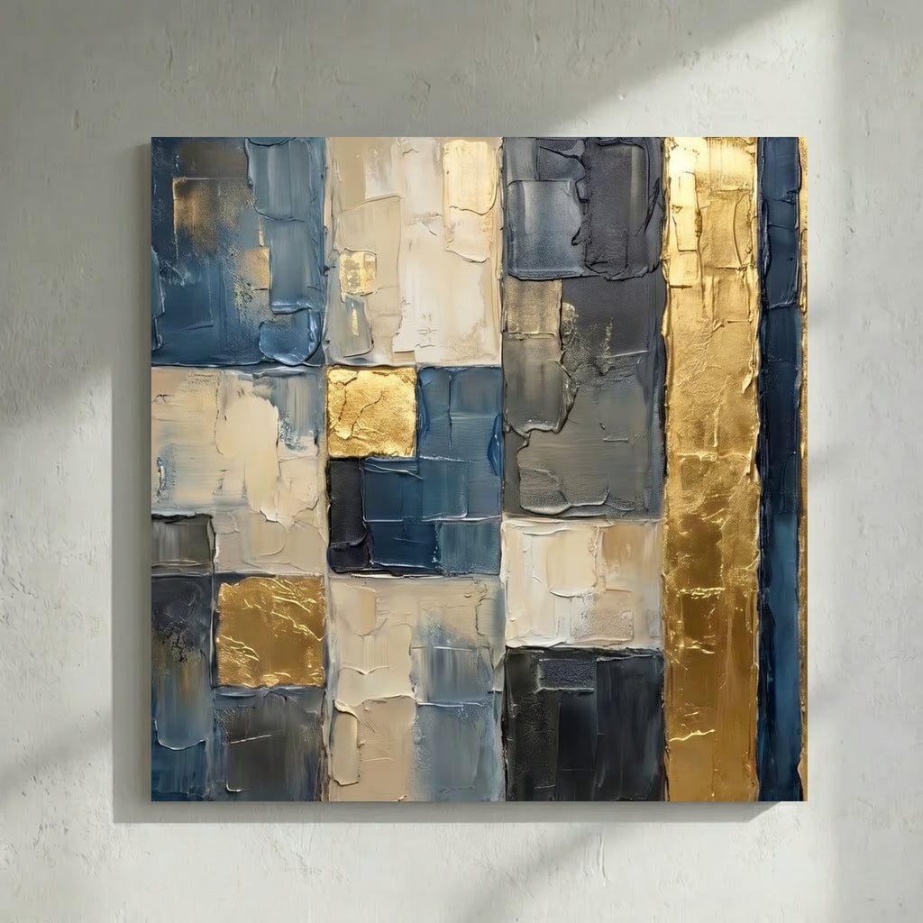 Navy Blue Gold & White Textured Grid Abstract Painting