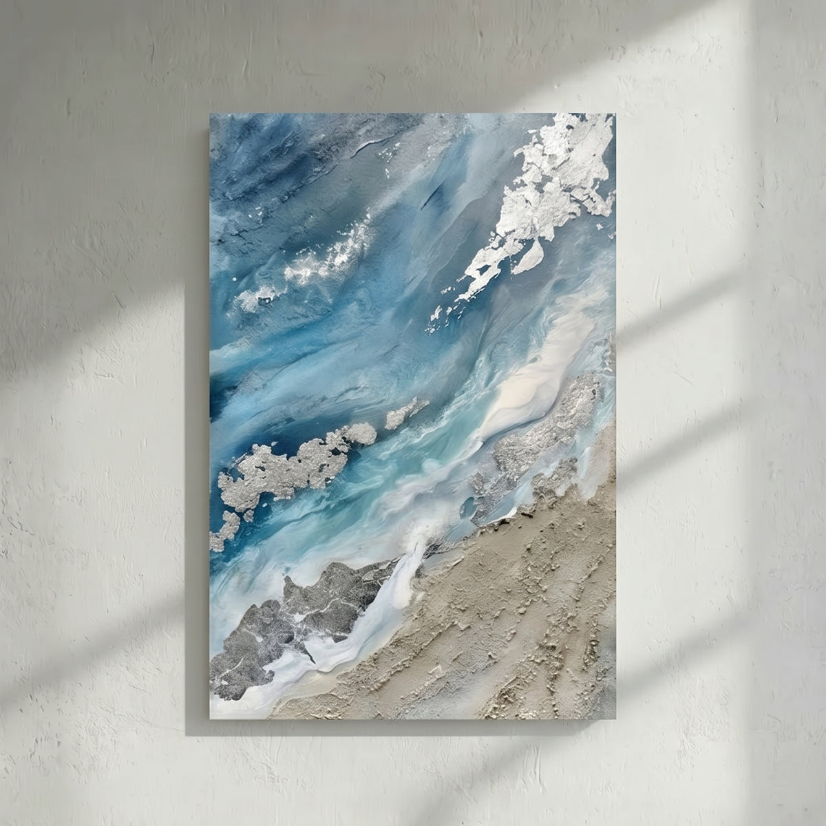 Teal Blue & Silver Abstract Coastal Painting