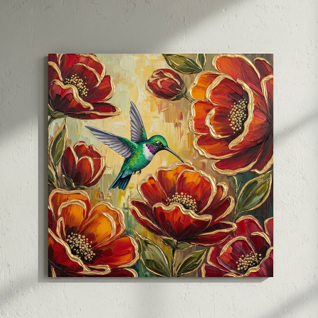 Hummingbird Red Poppy Painting